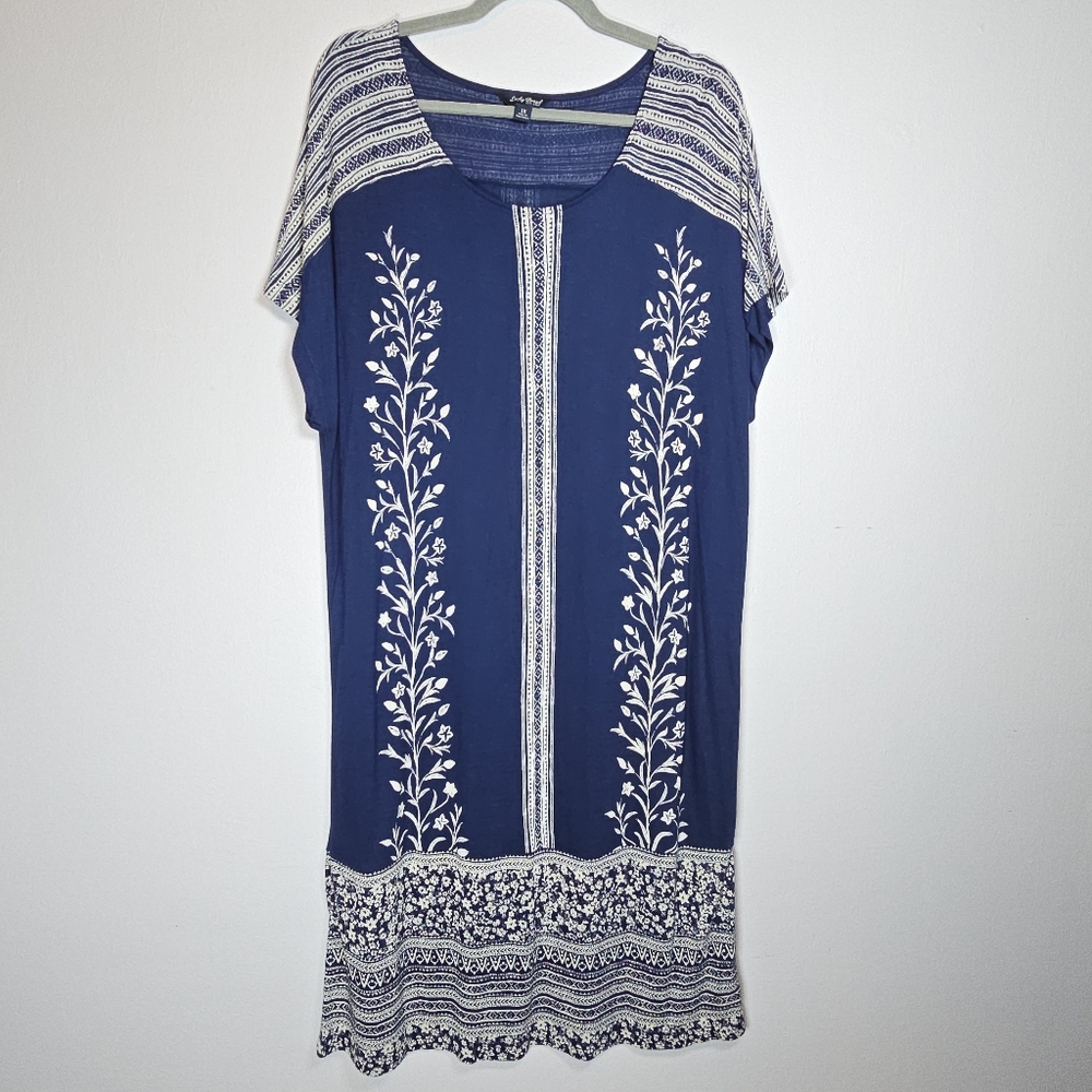 Lucky Brand Women's Floral Stripe Midi Dress 1X Short Sleeve Stretch Chic Boho